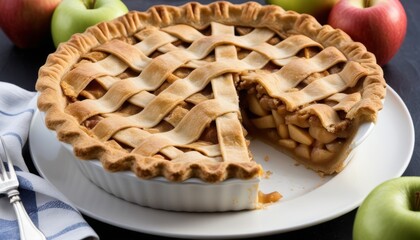 Homemade Apple Pie with Lattice Crust on a White Plate with Apples