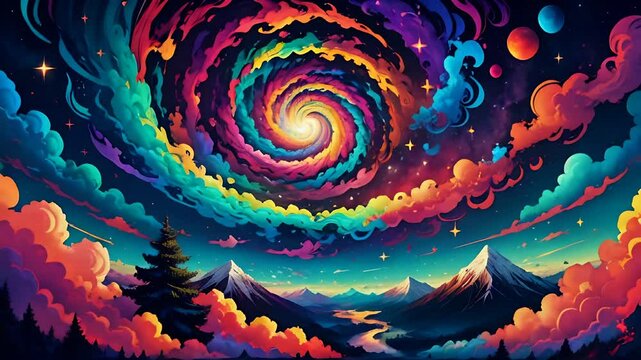 Psychedelic cosmic animation with alien world. Bright universe animation with vivid galaxy, illustrations transformations and metamorphose. AI generated cinematic video