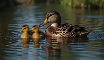 Obraz premium Mother Duck with Ducklings Swimming