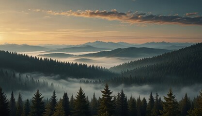Misty Morning in Mountain Forests