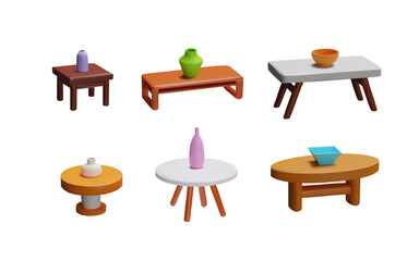 Wooden or plastic table with bowl or vase 3D vector icons set, volume rectangular and round furniture interior design