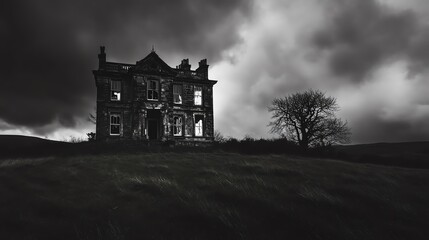 Eerie abandoned mansion on a hilltop silhouetted against a stormy sky