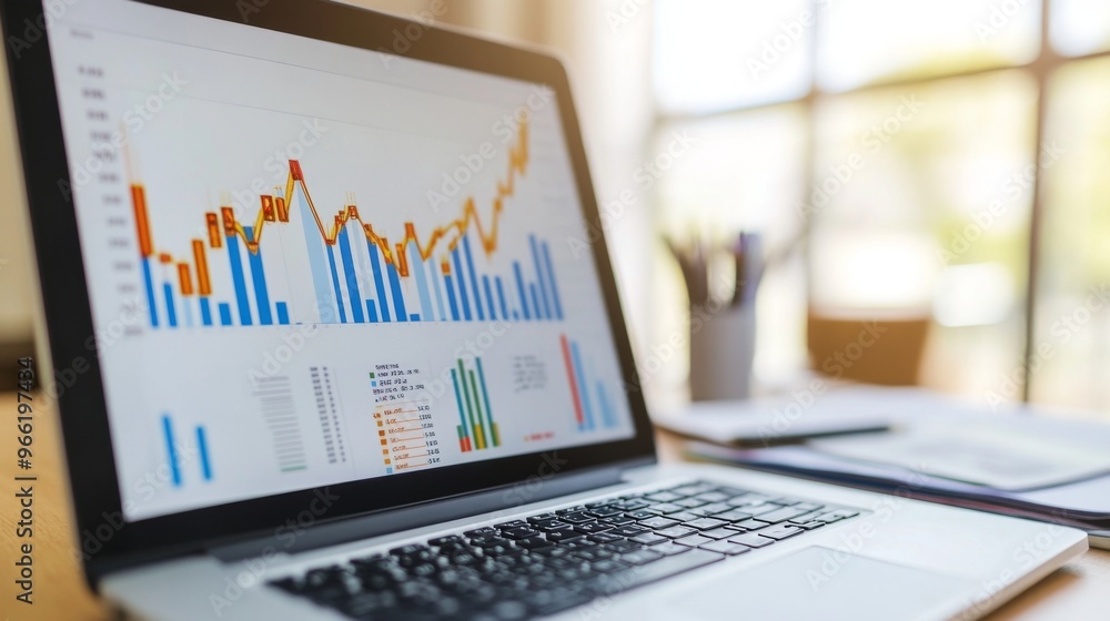 Leinwandbilder a laptop screen showing a gold price chart with a fluctuating curve, accompanied by notes and financ