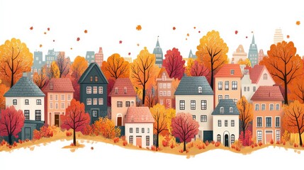 Charming Autumn Cityscape with Colorful Trees and Tiny Houses