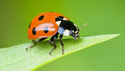 Fototapeta premium Macro View of Seven-Spotted Ladybug: Nature's Tiny Marvel in High Resolution. Vibrant Red and Black Insect Closeup for Nature Campaigns, Marketing Backgrounds, and 4K Wallpapers. Perfect for Seasonal 