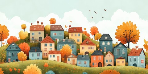 Charming Autumn Cityscape with Colorful Trees and Tiny Houses
