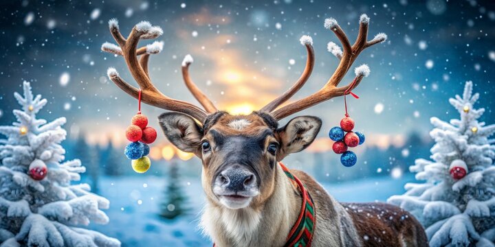 Reindeer with Christmas Ornaments on Antlers in a Snowy Landscape, Christmas, reindeer, winter