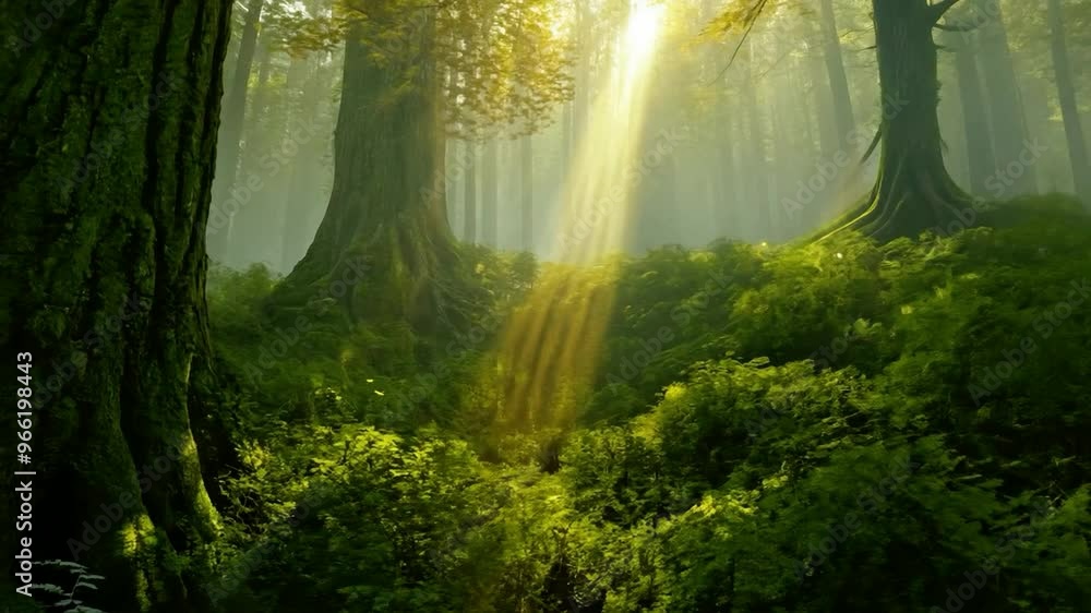 Poster sunlight filtering through ancient trees in a serene forest during early morning hours