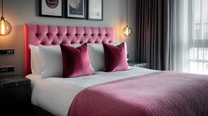 Pink and White Bedroom Interior with a View