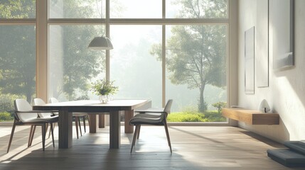 Fototapeta premium A minimalist dining area with a sleek, modern table and chairs, complemented by minimalistic decor and large windows providing plenty of natural light.