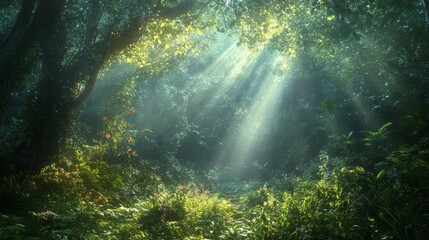 Fototapeta premium A lush, green forest with sun rays filtering through the canopy, creating a serene and tranquil atmosphere, perfect for nature and relaxation themes.