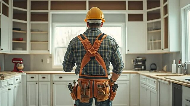 A construction worker installing kitchen cabinets. Home renovations demand a professional's attention to detail.