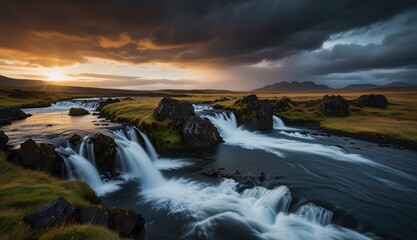 Majestic Waterfall Landscape at Sunset