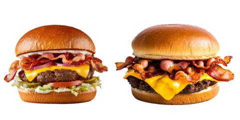 Bacon Cheeseburger Burger with Cheese, Pickles, Mayo, Onion & Lettuce, Hamburger Bun, Delicious Food Isolated Transparent PNG