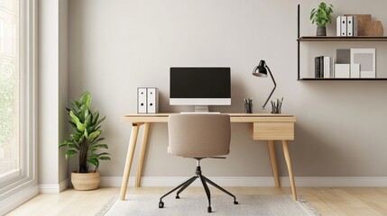 A minimalist home office with a simple desk, ergonomic chair, and minimal decor, showcasing a clutter-free workspace with clean lines and a calming environment.