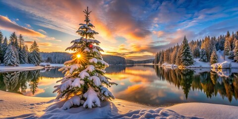 Snowy Pine Tree Silhouette at Sunset Over a Lake, Winter Wonderland, Nature, Landscape, Reflections ,winter landscape, sunset reflection