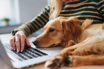 Close Up Photo Of Woman Hands Using A Laptop Computer While Sitting With Her Dog At Home An anonymous woman typing e-mail on a laptop keyboard and petting her puppy while sitting together at desk in t