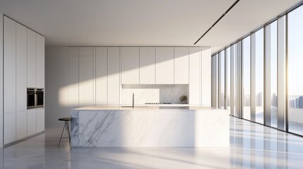 A minimalist kitchen with a streamlined design, featuring high-gloss cabinets, a marble countertop, and minimalist appliances, all set against a bright, open layout.