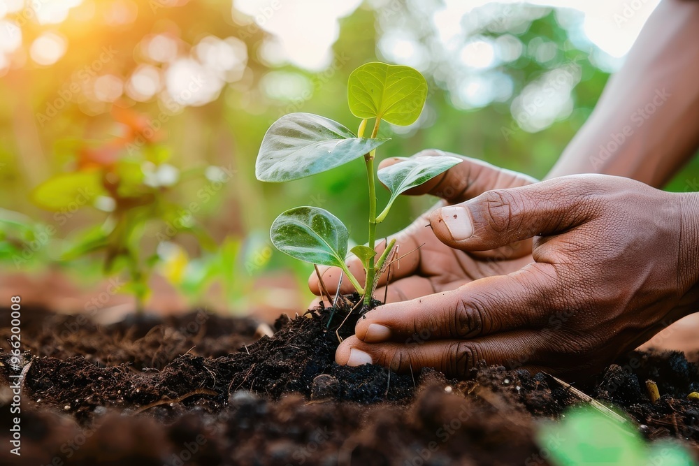 Wall mural hands holding plant over soil land, sustainability. hands holding plant over soil land, sustainabili