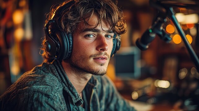 Singer recording vocals in professional studio surrounded by musical equipment and microphone stand.
