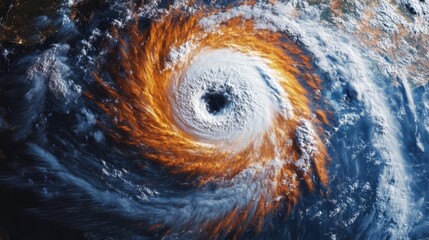 Fototapeta premium A powerful and colorful hurricane spiraling in the ocean, highlighting the eye and cloud patterns from a satellite view.