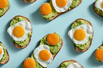 Avocado toast with fried eggs on a light blue background, perfect for breakfast lovers and healthy eating enthusiasts, showcasing vibrant colors and appetizing presentation