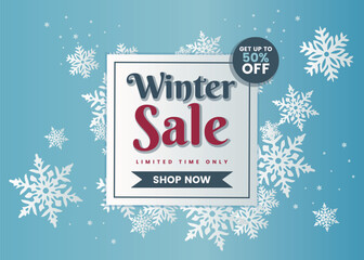 Winter sale promotion banner with up to 50% off vector illustration. Snowflakes bokeh frame on blue background.