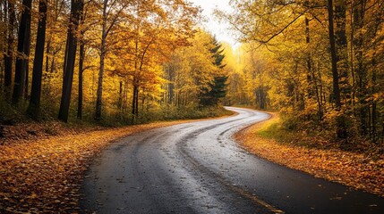 Fototapeta premium Road passing through the forest. Beautiful autumn landscape
