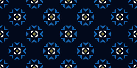 Elegant diamond pattern classic patchwork style stars background. Marine blue banner with small golden squares starry motif. Modern style fabric design textile swatch ladies dress allover print block