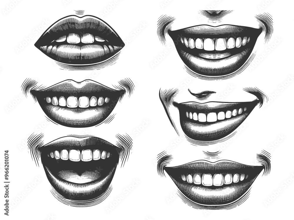 Poster different expressions of smiling lips and teeth, various mouth shapes and emotions sketch engraving 