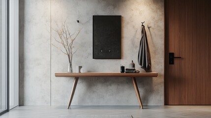 A minimalist entryway with a simple console table, a few decorative elements, and a sleek coat rack, welcoming visitors with understated elegance.