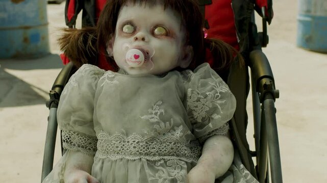 Dolly in on scary looking doll in stroller