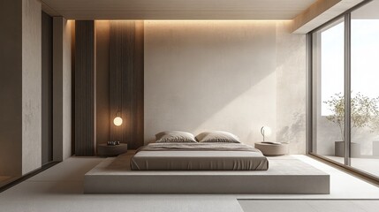 A modern bedroom featuring a minimalist design, with a sleek platform bed, neutral color palette, and stylish bedside lamps, set against a contemporary backdrop.
