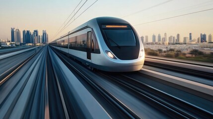 Naklejka premium A modern electric train speeding along an elevated track, with sleek, aerodynamic design and cityscape in the background, showcasing urban transportation efficiency.