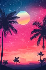 Tropical sunset with palm trees under a starry sky.