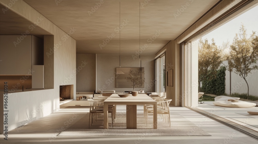 Poster a modern dining room with a minimalist table, simple chairs, and a neutral color scheme, set in a sp