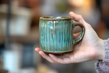 a hand holding a handmade ceramic mug, with focus on the glaze and the unique imperfections that make it one-of-a-kind