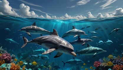 Obraz premium Graceful Dolphins Underwater Adventure