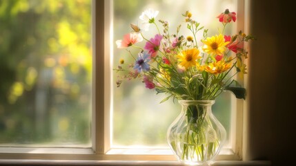 A modern glass vase filled with a mix of colorful wildflowers, set on a windowsill with soft sunlight filtering through, symbolizing natural beauty and warmth.