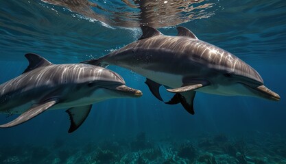 Fototapeta premium Graceful Dolphins Swimming Underwater