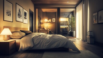 Modern Bedroom with Large Windows and Wooden Floor