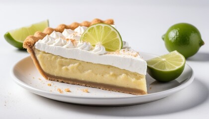 Slice of Key Lime Pie with Whipped Cream and Lime Garnish on a Plate 
