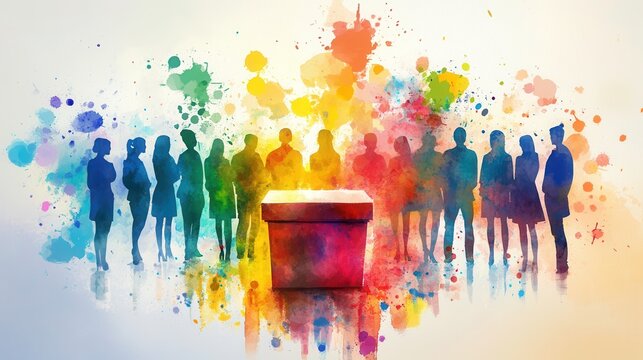 Unity in Diversity - Group Around Watercolor Ballot Box Symbolizing Teamwork and Collaboration