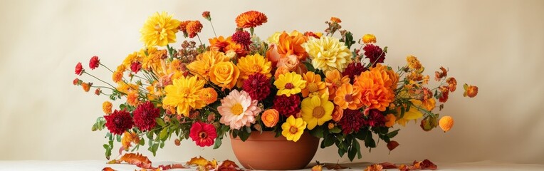 Obraz premium Vibrant Autumnal Bouquet in Ceramic Vase with Cozy Vibes