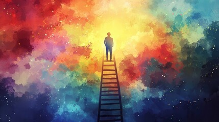Ascending Towards Wisdom - Conceptual Image of a Figure Climbing Watercolor Gradient Ladder to Illuminated Light Symbolizing Knowledge and Enlightenment