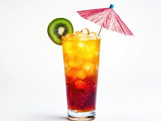 Colorful refreshing drink with ice, kiwi and cocktail umbrella standing on white background