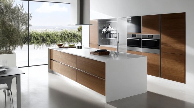 A modern kitchen with minimalist cabinetry, a clean white countertop, and integrated appliances, highlighting functionality and simplicity.