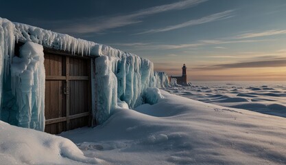 Frozen Lighthouse Against Icy Landscape