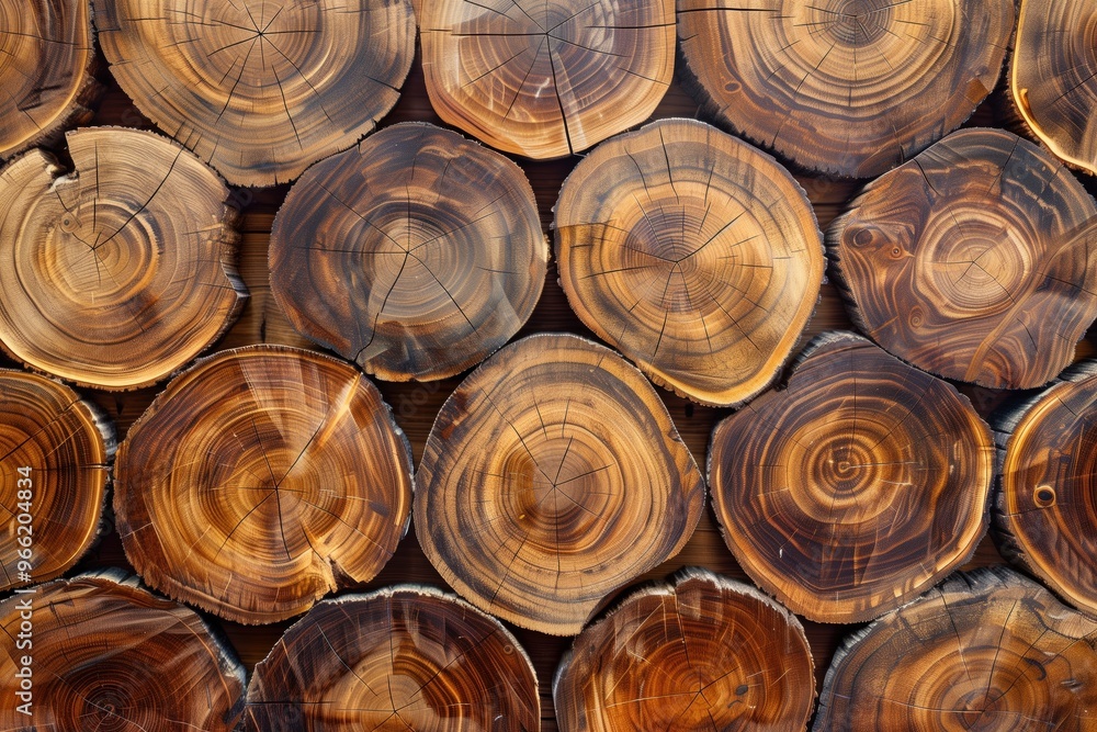 Poster stacked tree logs, showcasing their circular cross-sections with intricate patterns and textures. th