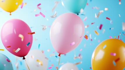 Festive Balloons and Confetti Celebration Background, Explore a vibrant celebration scene filled with colorful balloons and floating confetti.